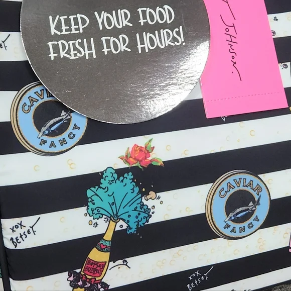 NWT Betsey Johnson "Caviar & Bubbly" Insulated Lunch Tote Chic Striped Bag - Picture 10 of 17